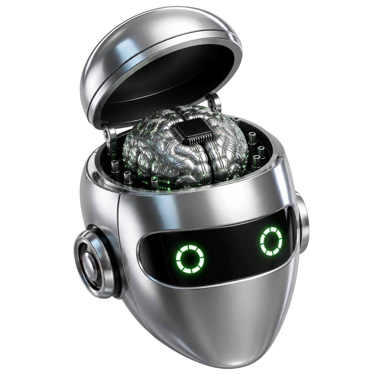 Opened robot helmet revealing the brain circuit inside